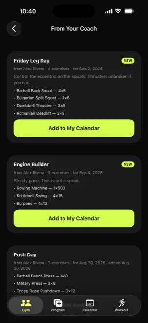 A member's inbox of workouts from their coach, each with an Add to My Calendar button.