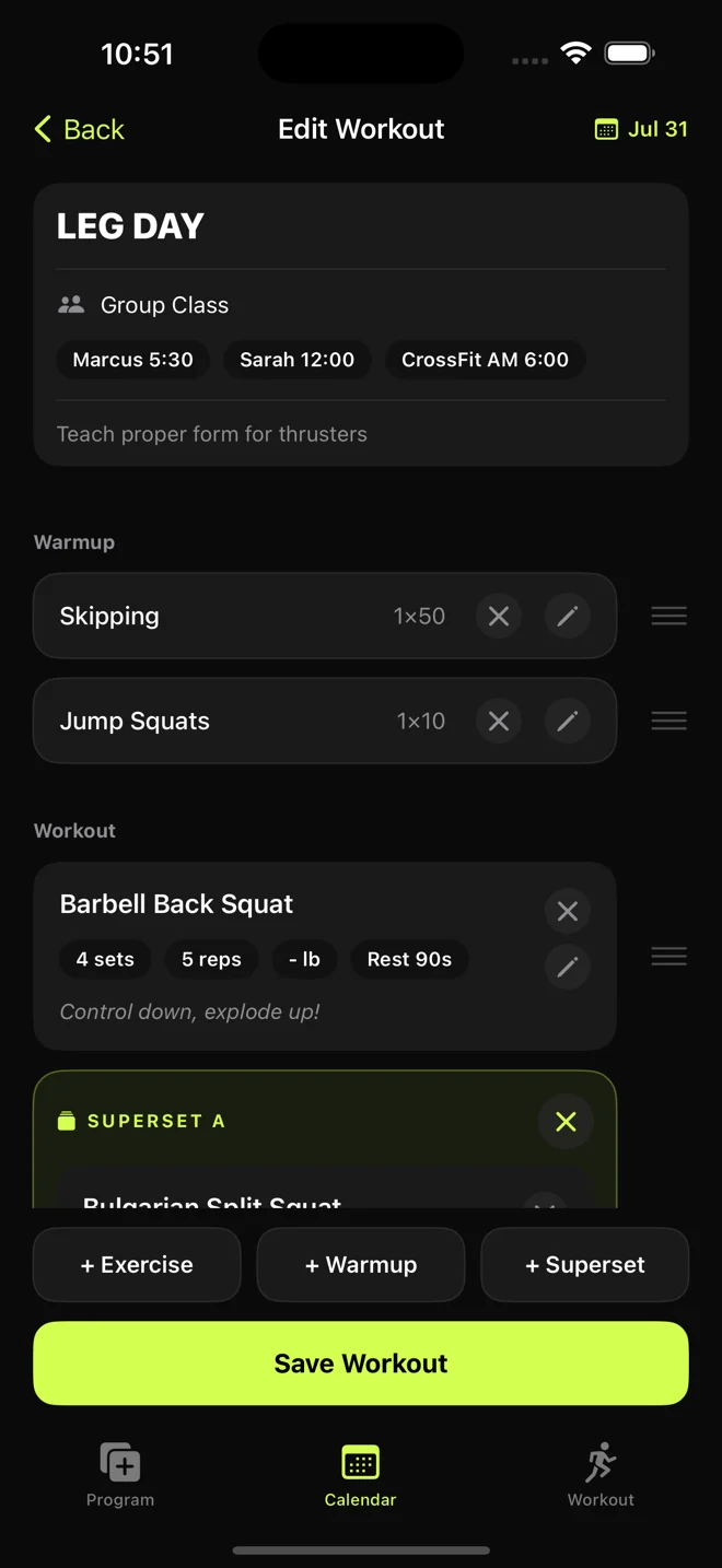 Editing a workout called Leg Day, tagged for a group class, with a warmup, barbell back squat for 4 sets of 5, and a superset.
